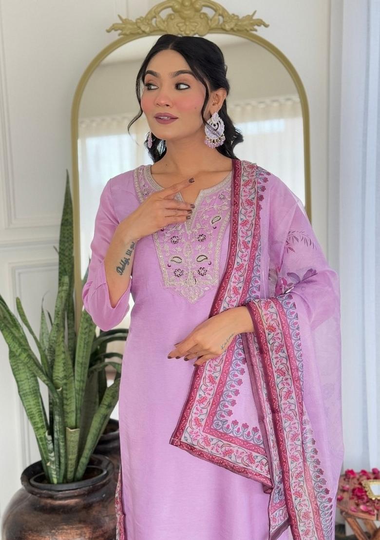Lavender Abstract Print Rayon Kurta Set - Indya
