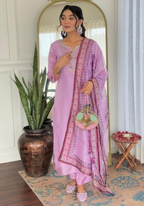 Lavender Abstract Print Rayon Kurta Set