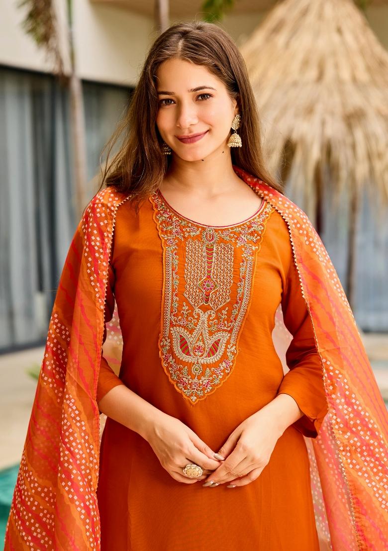 Rust Abstract Print Rayon Kurta Set - Indya