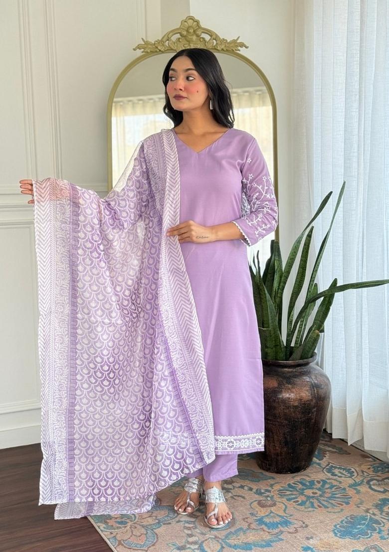 Lavender Abstract Print Rayon Kurta Set - Indya