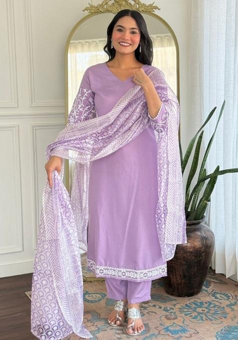 Lavender Abstract Print Rayon Kurta Set