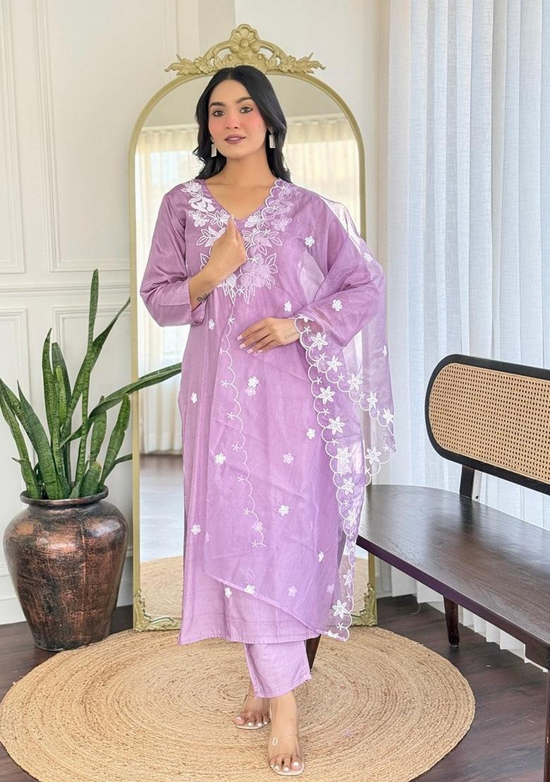 Lavender Abstract Print Rayon Kurta Set - Indya