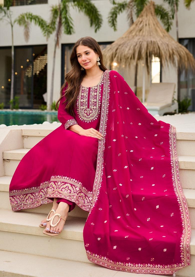 Pink Abstract Print Art Silk Kurta Set - Indya