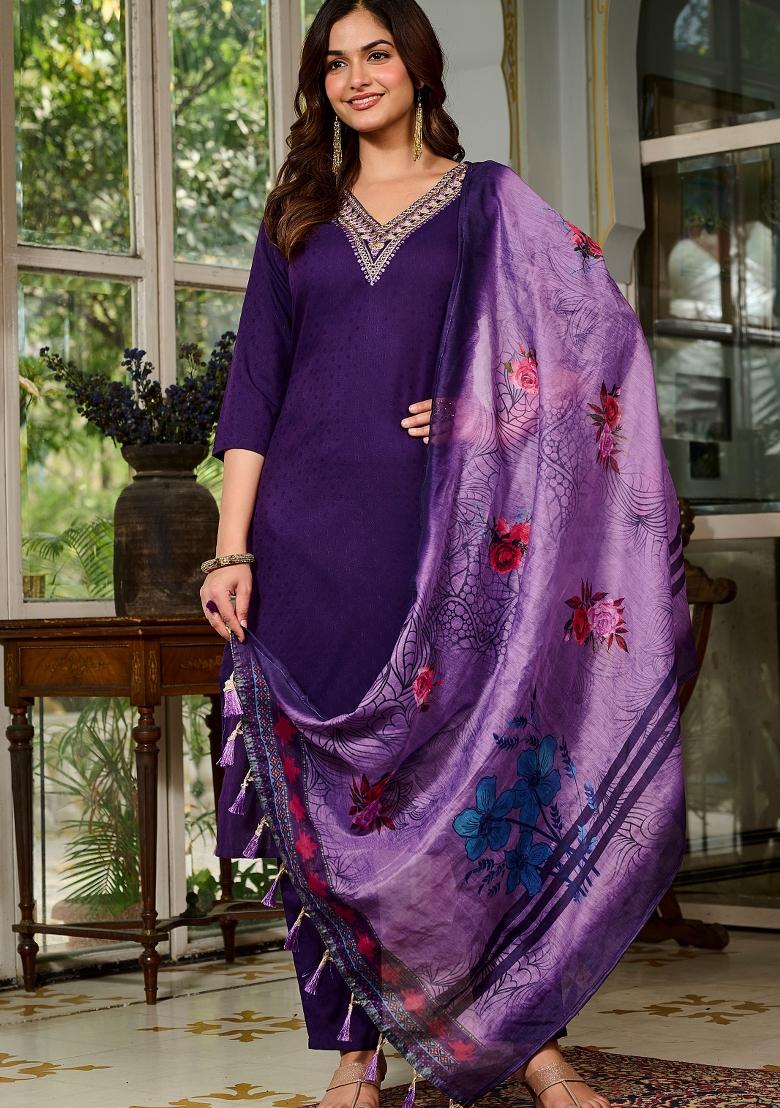 Violet Abstract Print Viscose Kurta Set - Indya