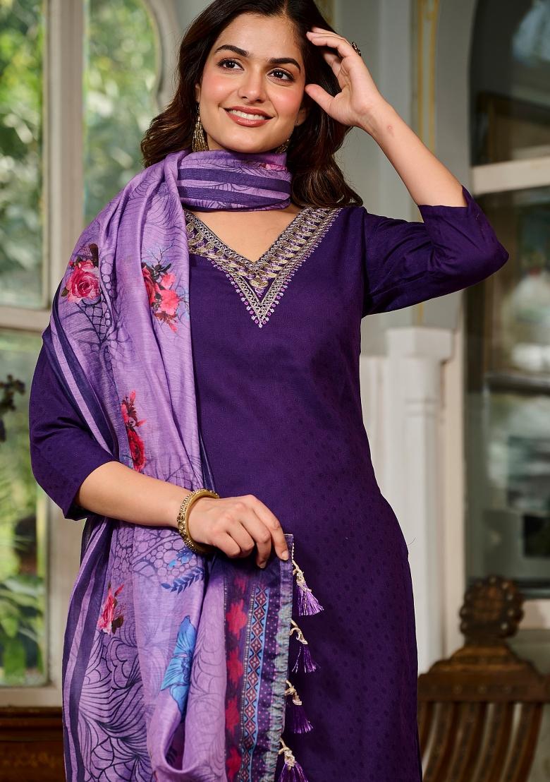 Violet Abstract Print Viscose Kurta Set - Indya