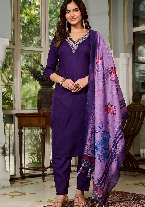 Violet Abstract Print Viscose Kurta Set
