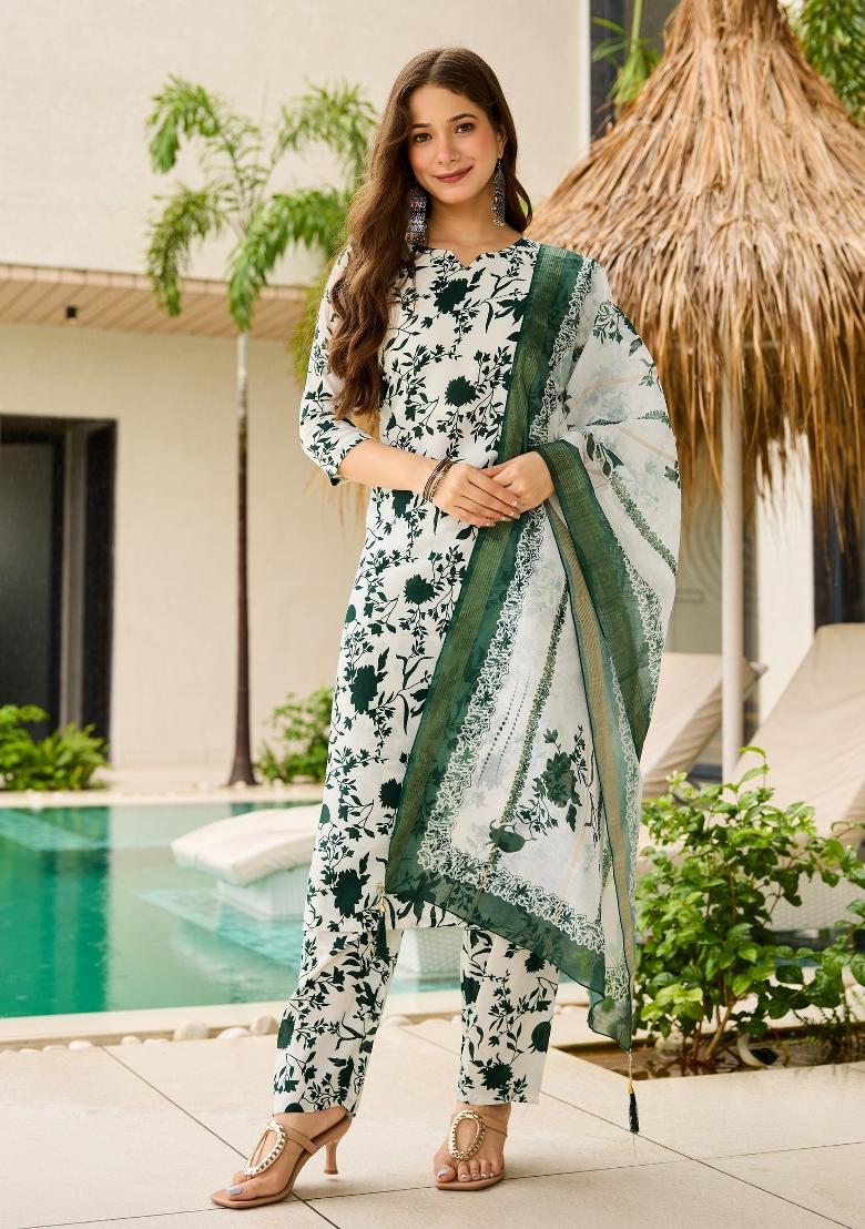 Green Abstract Print Silk Blended Kurta Set - Indya