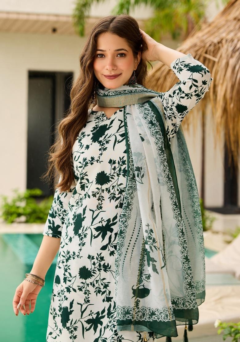 Green Abstract Print Silk Blended Kurta Set - Indya