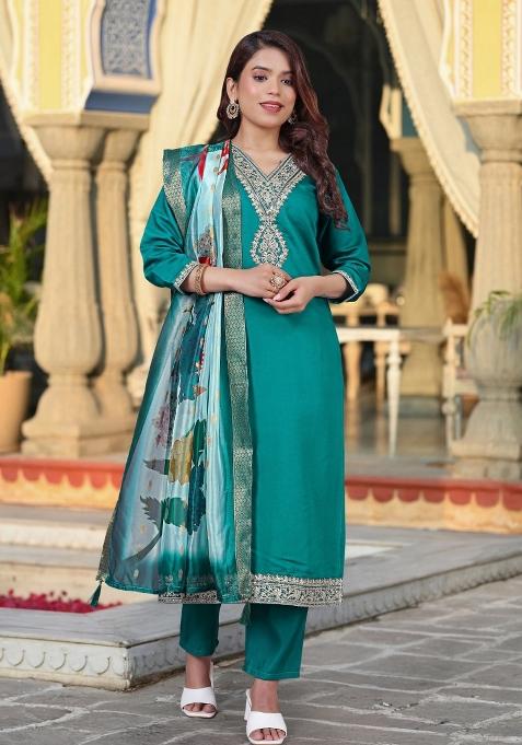 Green Abstract Print Viscose Kurta Set