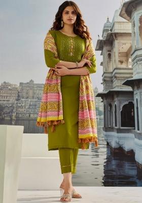 Green Abstract Print Blended Cotton Kurta Set
