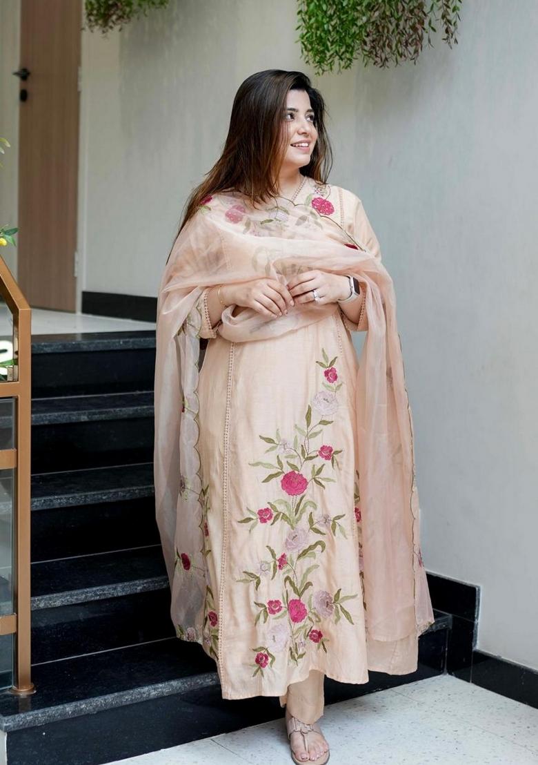 Peach Abstract Print Chanderi Kurta Set - Indya