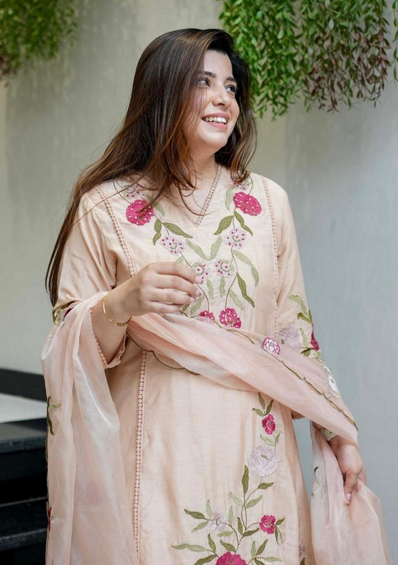 Peach Abstract Print Chanderi Kurta Set - Indya