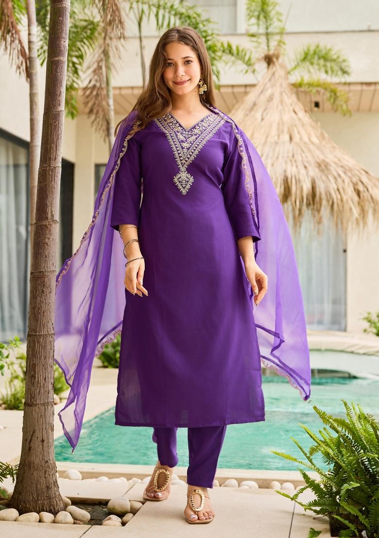 Violet Abstract Print Rayon Kurta Set - Indya