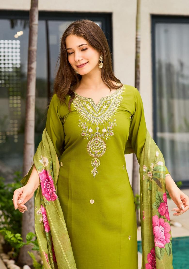 Green Abstract Print Viscose Kurta Set - Indya