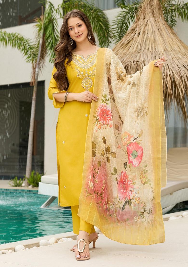 Mustard Abstract Print Viscose Kurta Set - Indya