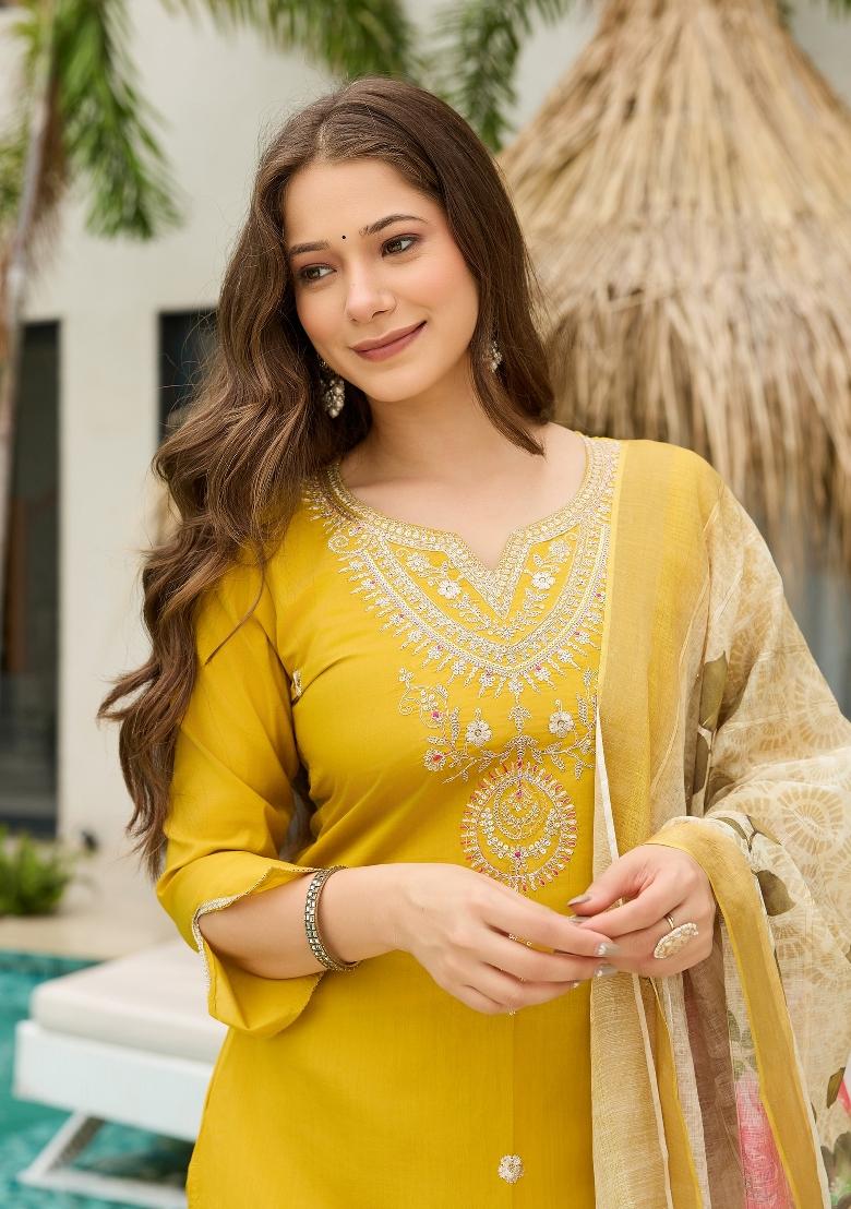 Mustard Abstract Print Viscose Kurta Set - Indya