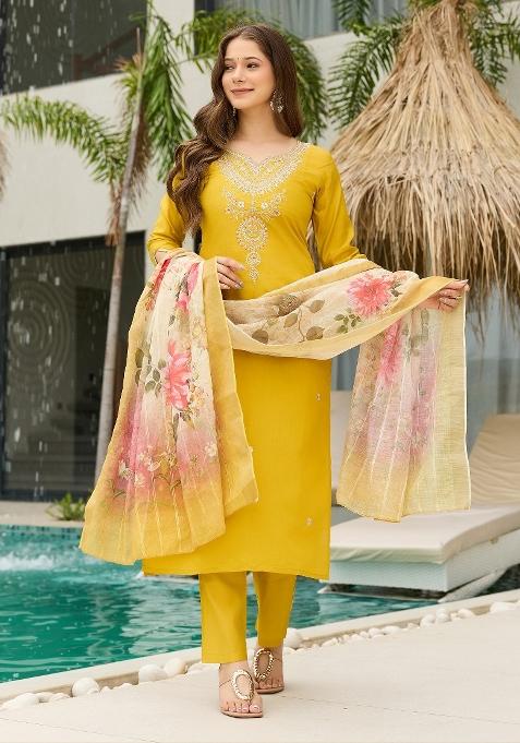 Mustard Abstract Print Viscose Kurta Set