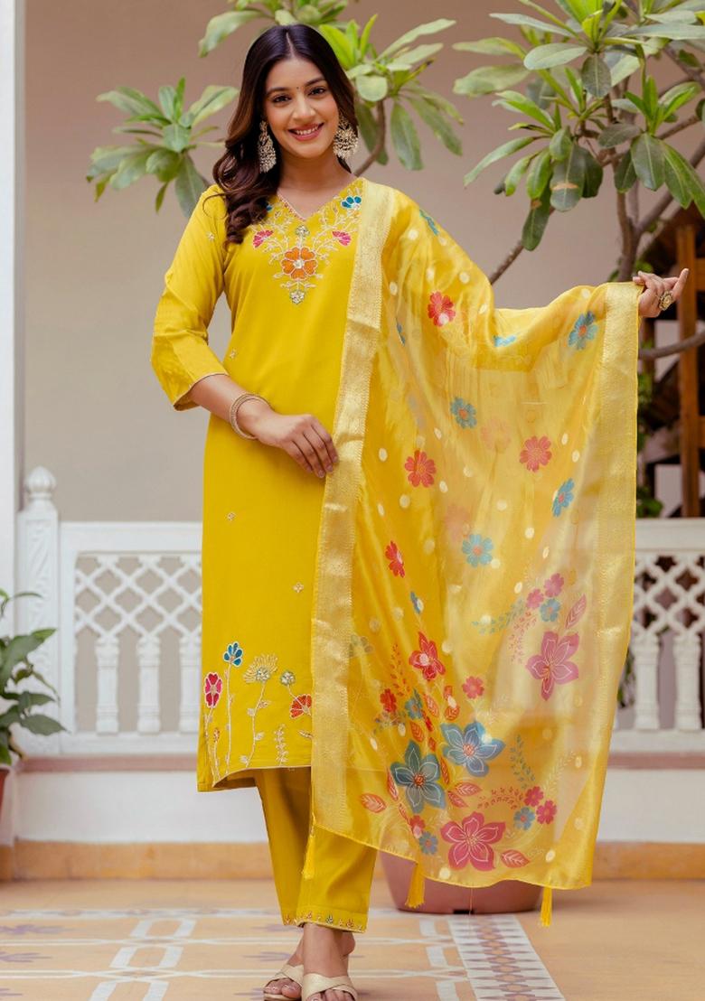 Mustard Abstract Print Viscose Kurta Set - Indya