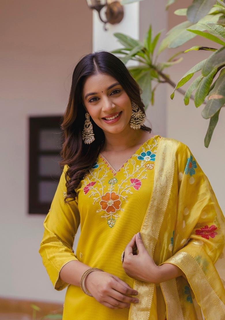 Mustard Abstract Print Viscose Kurta Set - Indya