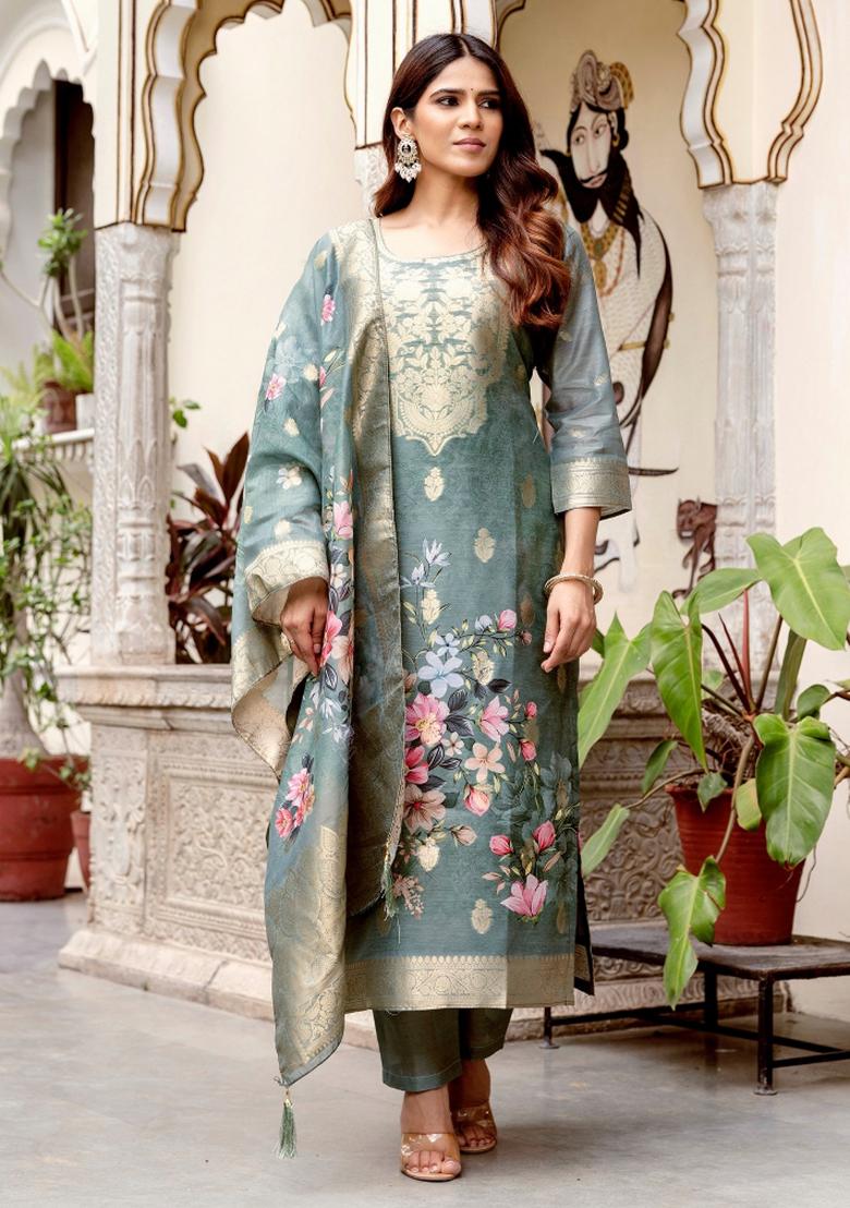 Grey Abstract Print Chanderi Kurta Set - Indya