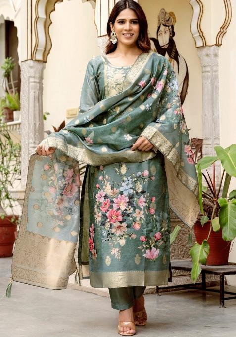 Grey Abstract Print Chanderi Kurta Set