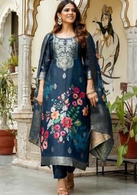 Blue Abstract Print Chanderi Kurta Set