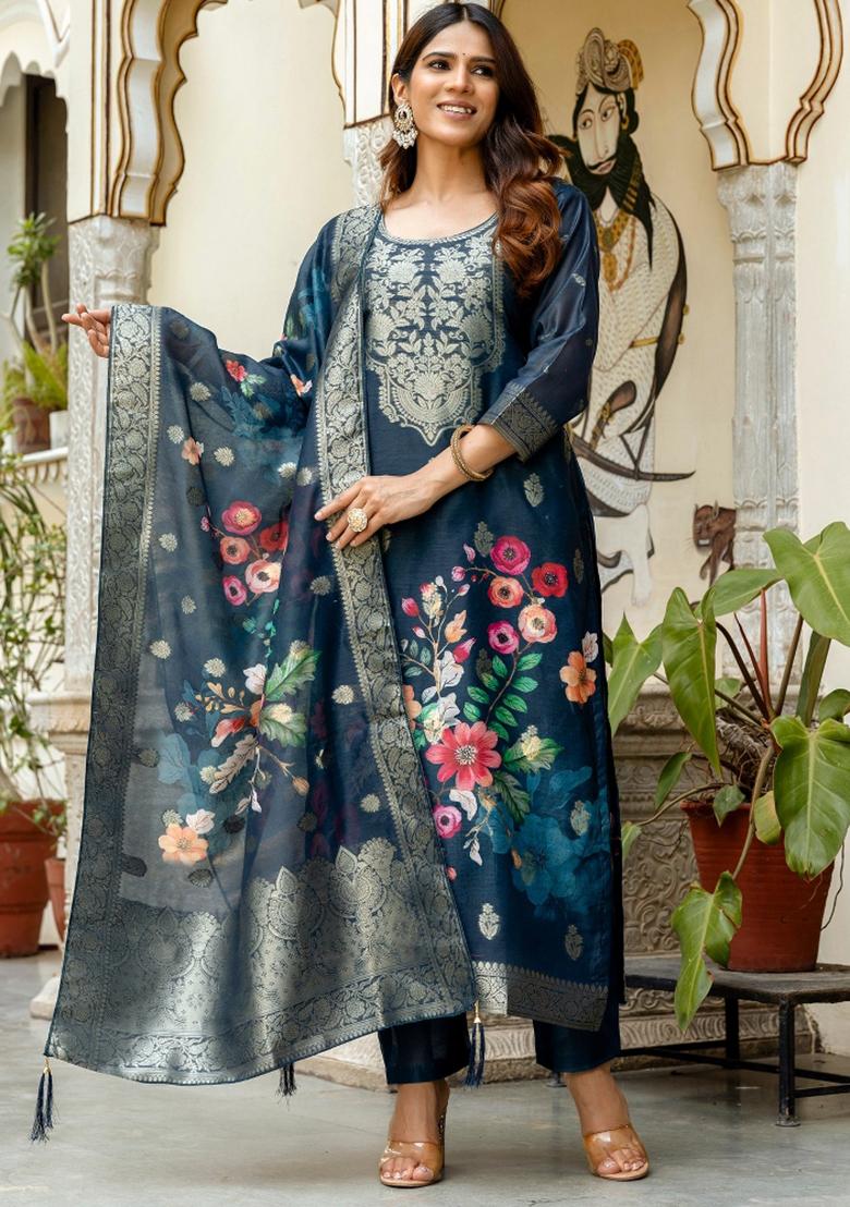 Blue Abstract Print Chanderi Kurta Set - Indya
