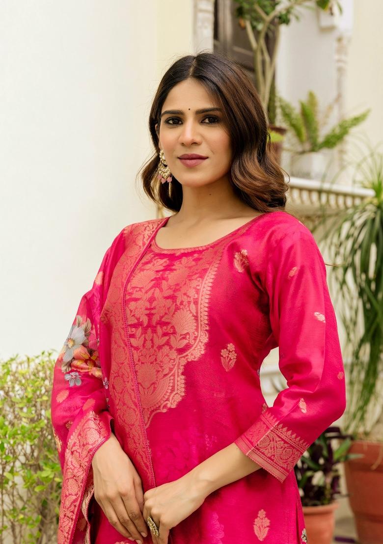 Pink Abstract Print Chanderi Kurta Set - Indya