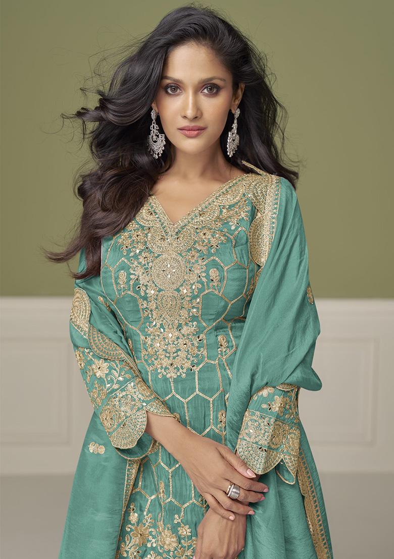 Green Embroidery Simar Salwar Suit - Indya