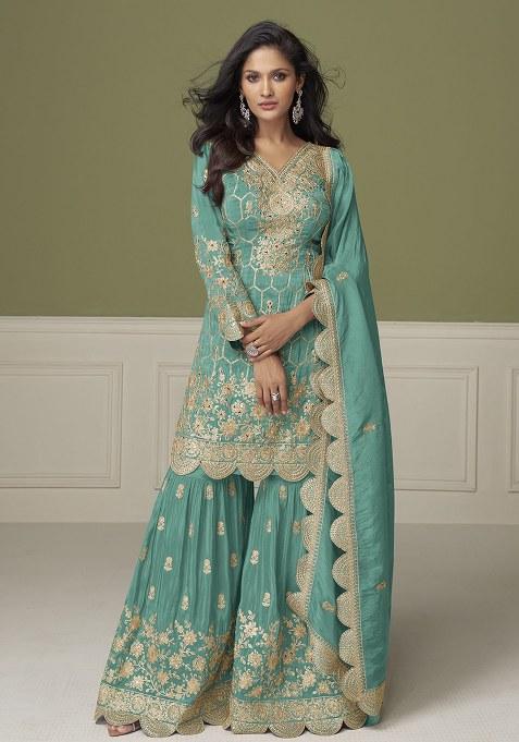 Green Embroidered Shimmer Sharara Set — view on Indya