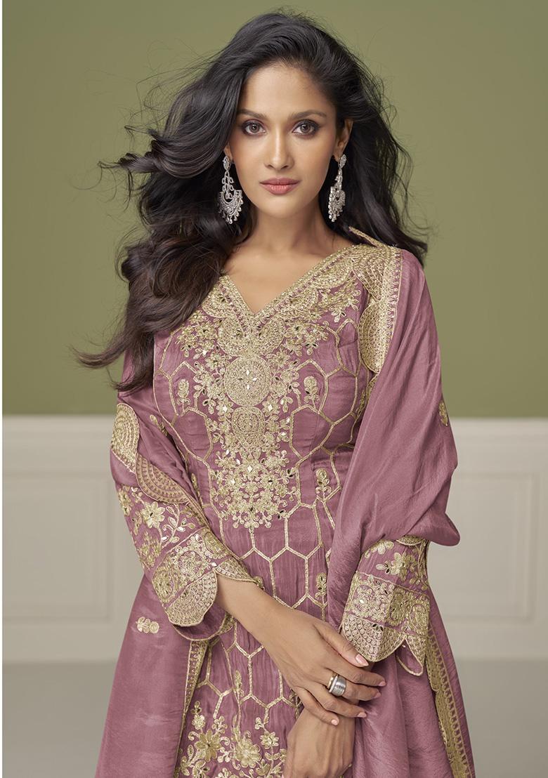 Dark Peach Embroidery Simar Salwar Suit - Indya