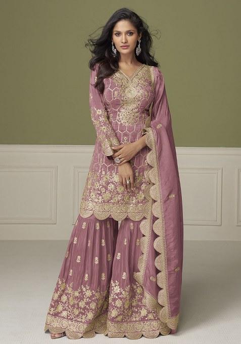 Dark Peach Embroidered Shimmer Sharara Set