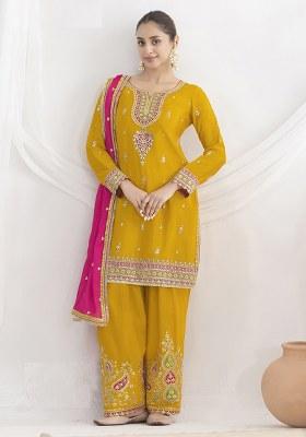 Yellow Sequence Work Chinon Salwar Suit