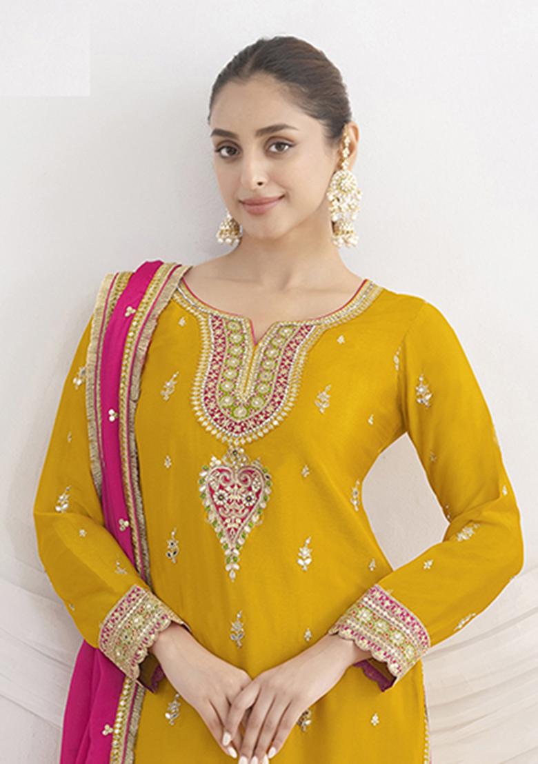 Yellow Sequence Work Chinon Salwar Suit - Indya