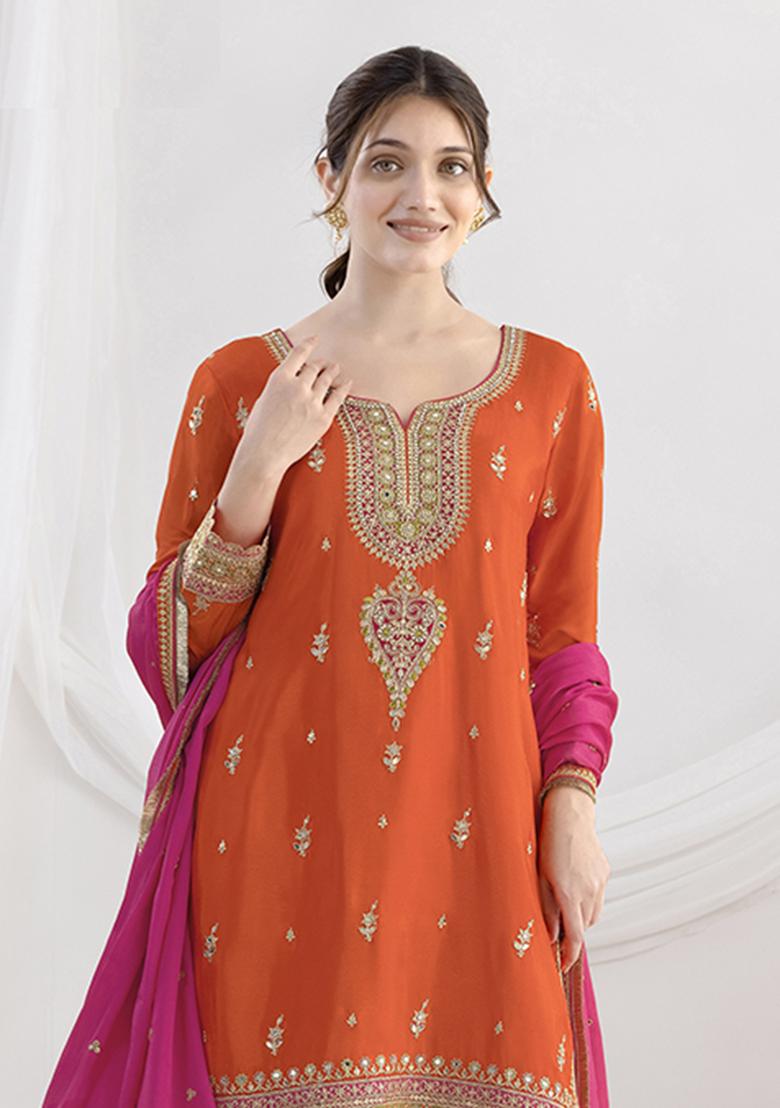 Orange Sequence Work Chinon Salwar Suit - Indya