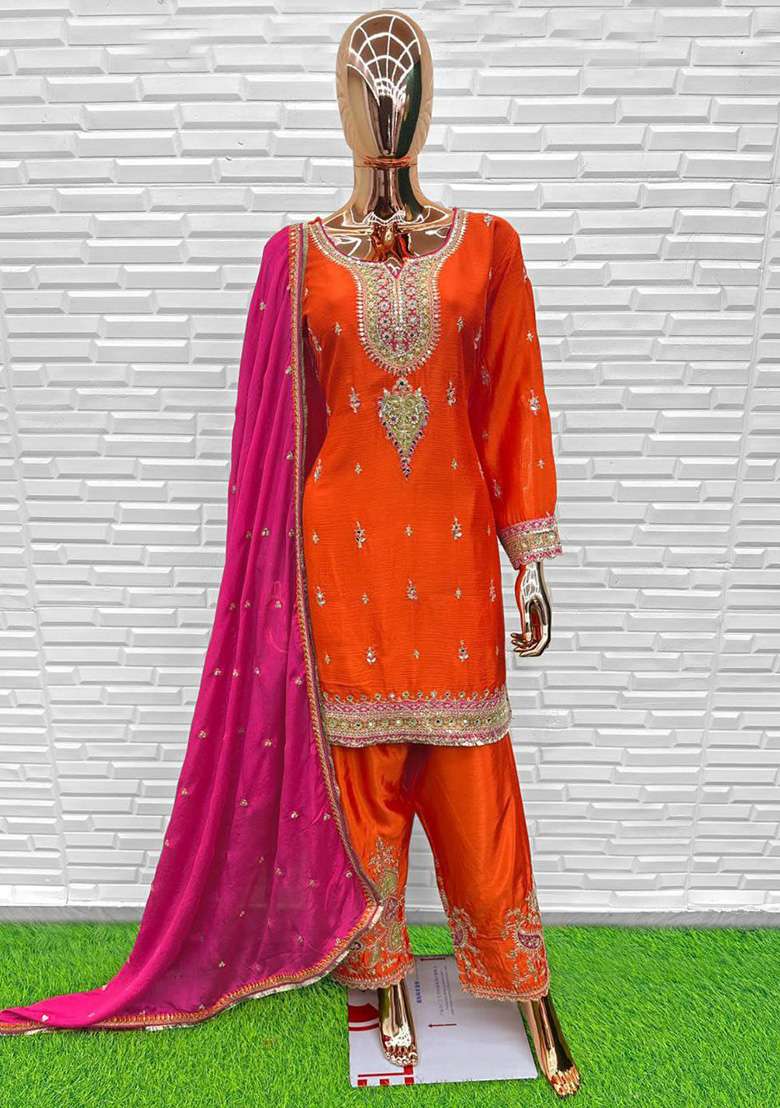 Orange Embroidered Chinon Punjabi Suit - Indya