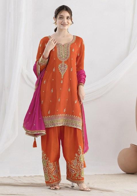 Orange Embroidered Chinon Punjabi Suit