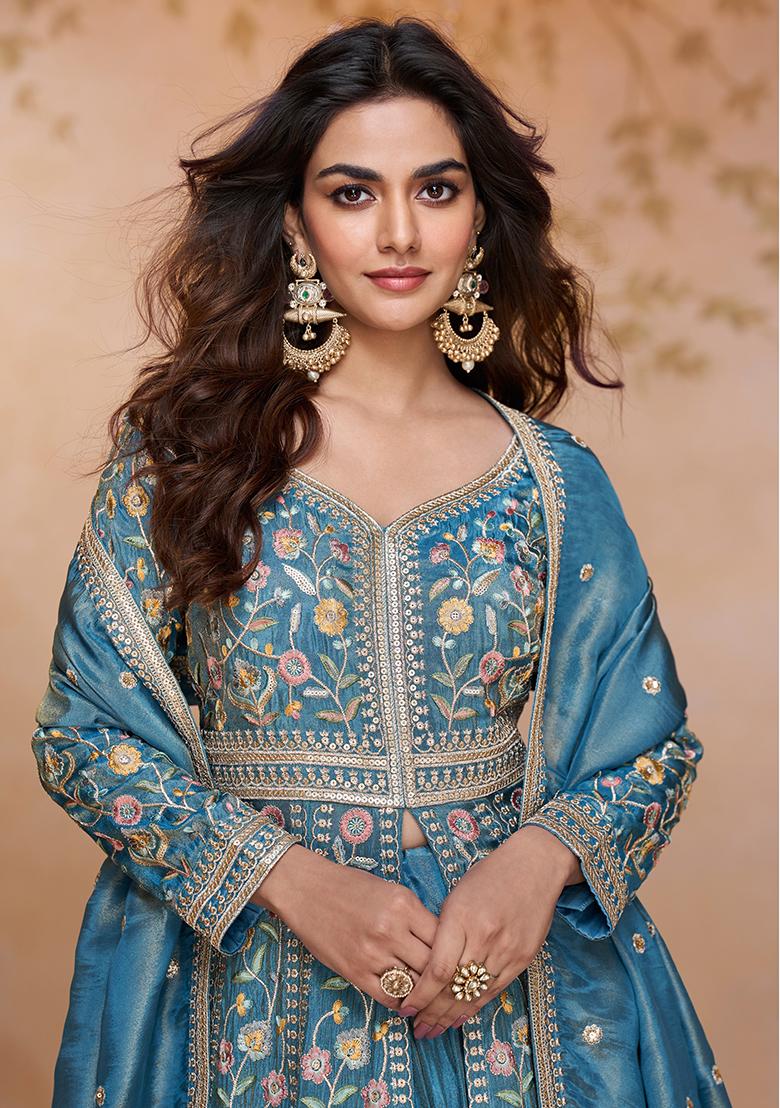 Rama Blue Embroidery Simar Salwar Suit - Indya