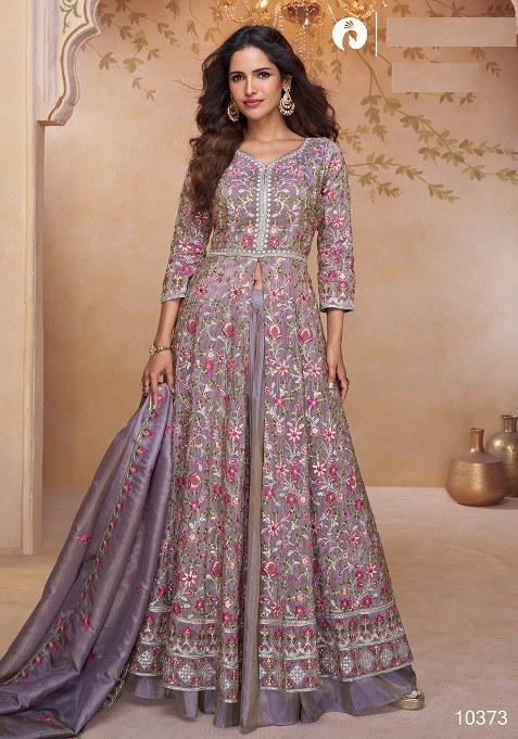 Lavender Embroidered Shimmer Anarkali Set — view on Indya