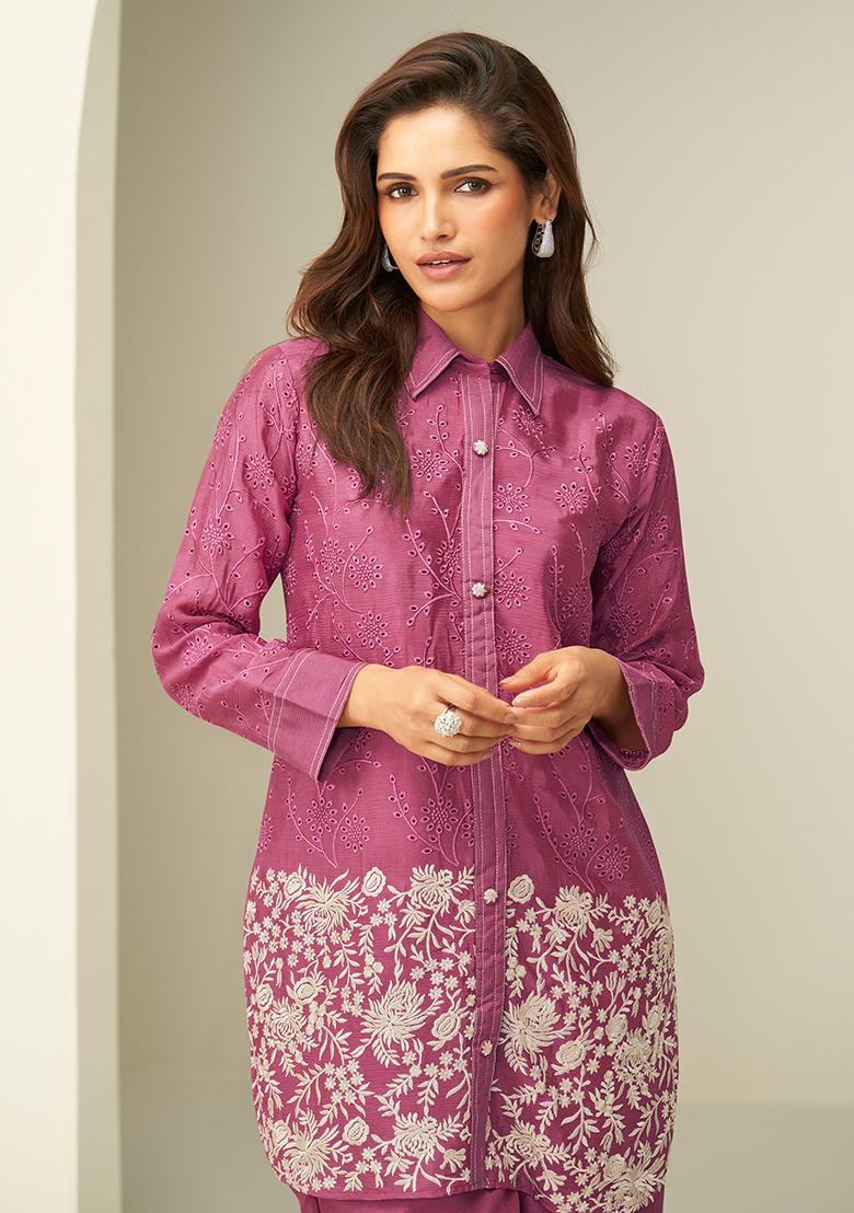 Pink Cut Work Chinon Co Ord Set - Indya