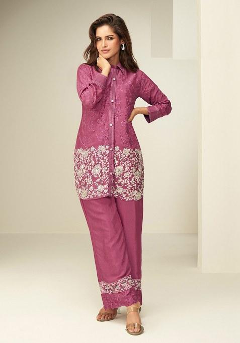 Pink Cut Work Chinon Co Ord Set