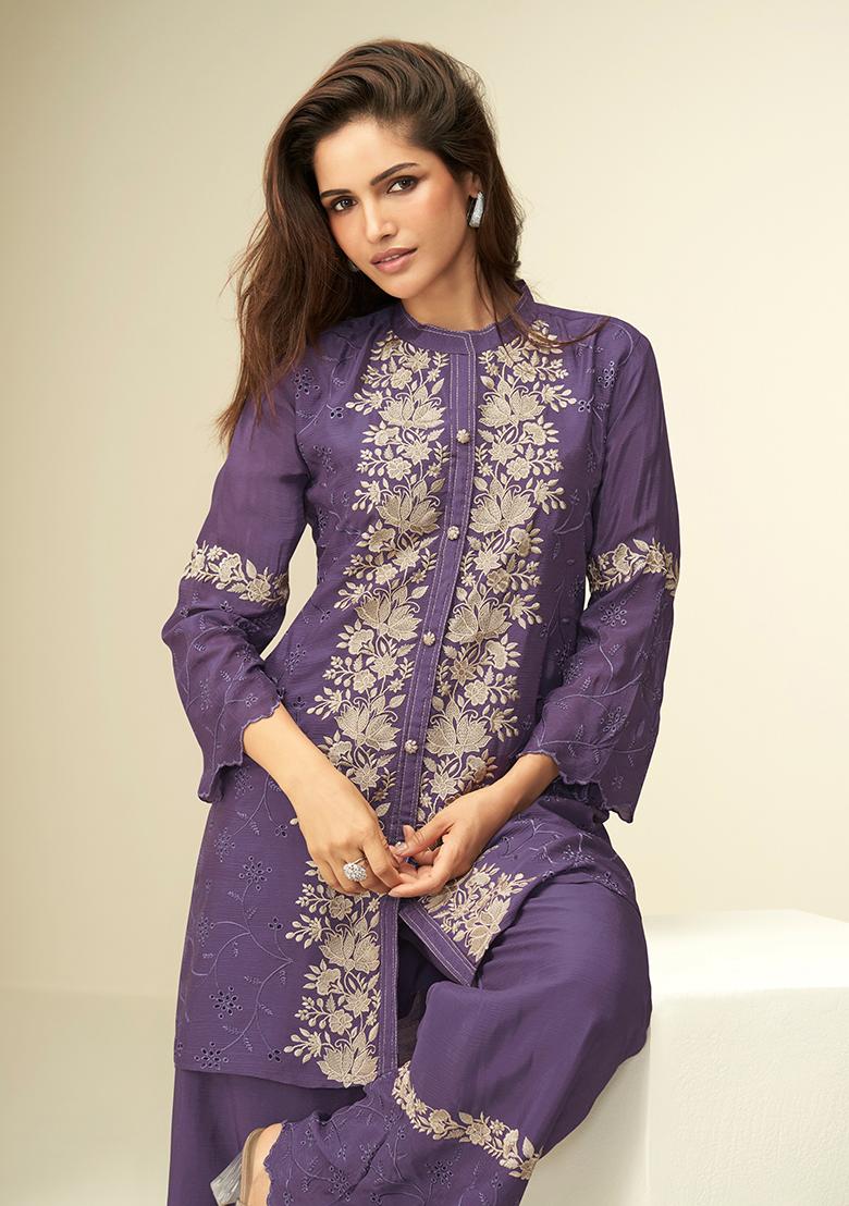 Violet Cut Work Chinon Co Ord Set - Indya