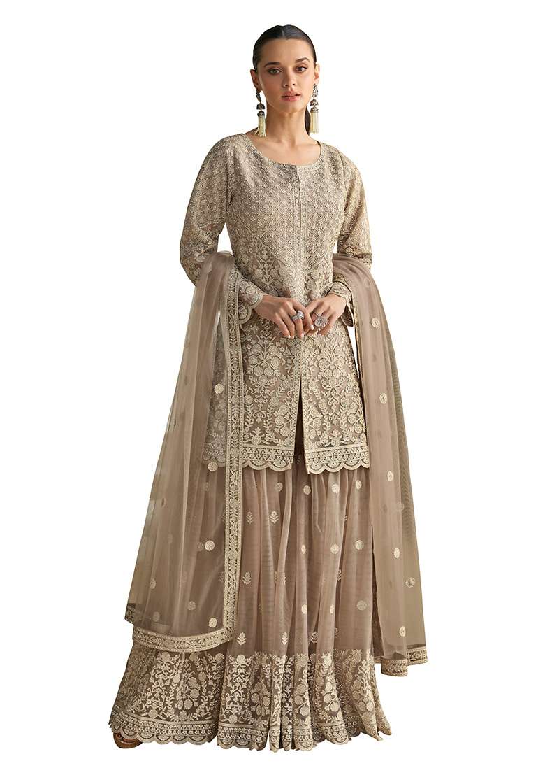 Brown Embroidered Net Sharara Set - Indya
