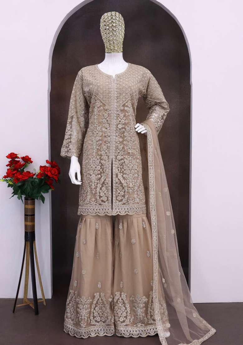 Brown Embroidered Net Sharara Set - Indya