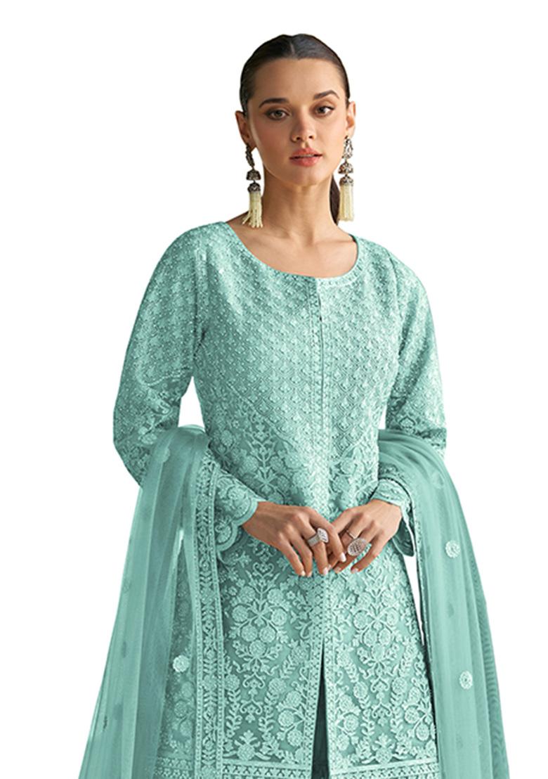 Sky Blue Sequence Work Net Salwar Suit - Indya