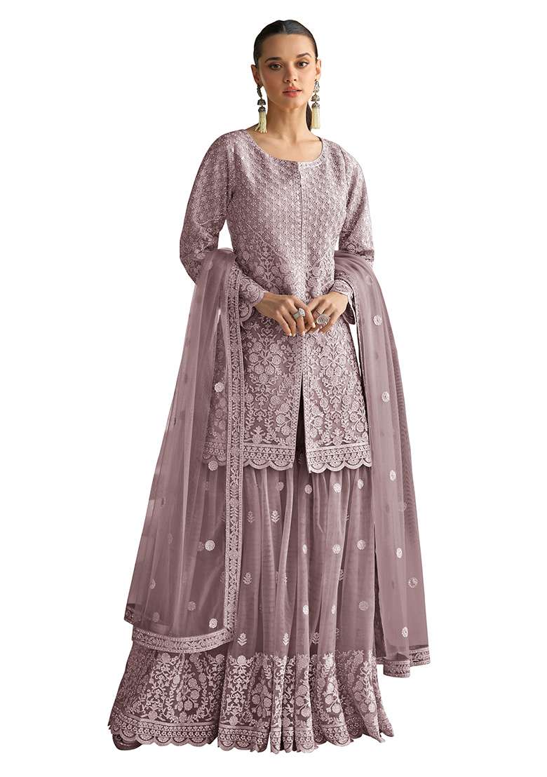 Onion Pink Embroidered Net Sharara Set - Indya