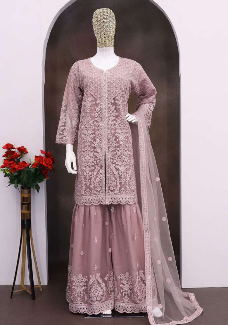 Onion Pink Embroidered Net Sharara Set - Indya