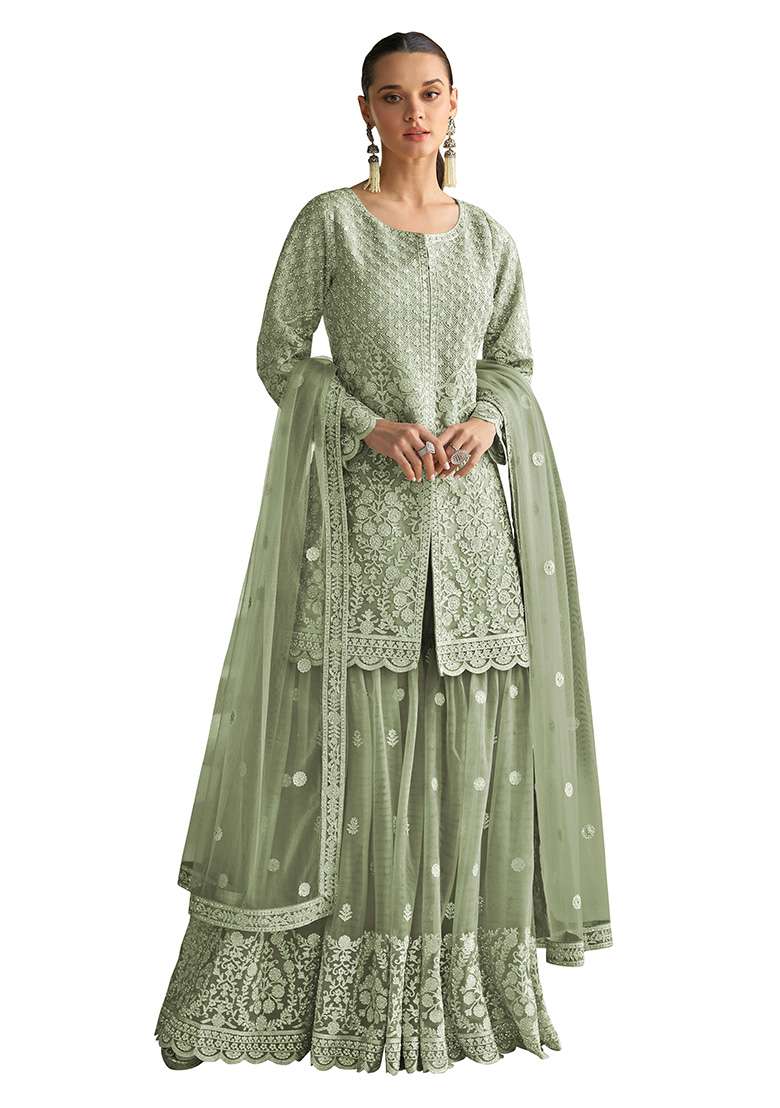 Mehendi Embroidered Net Sharara Set - Indya