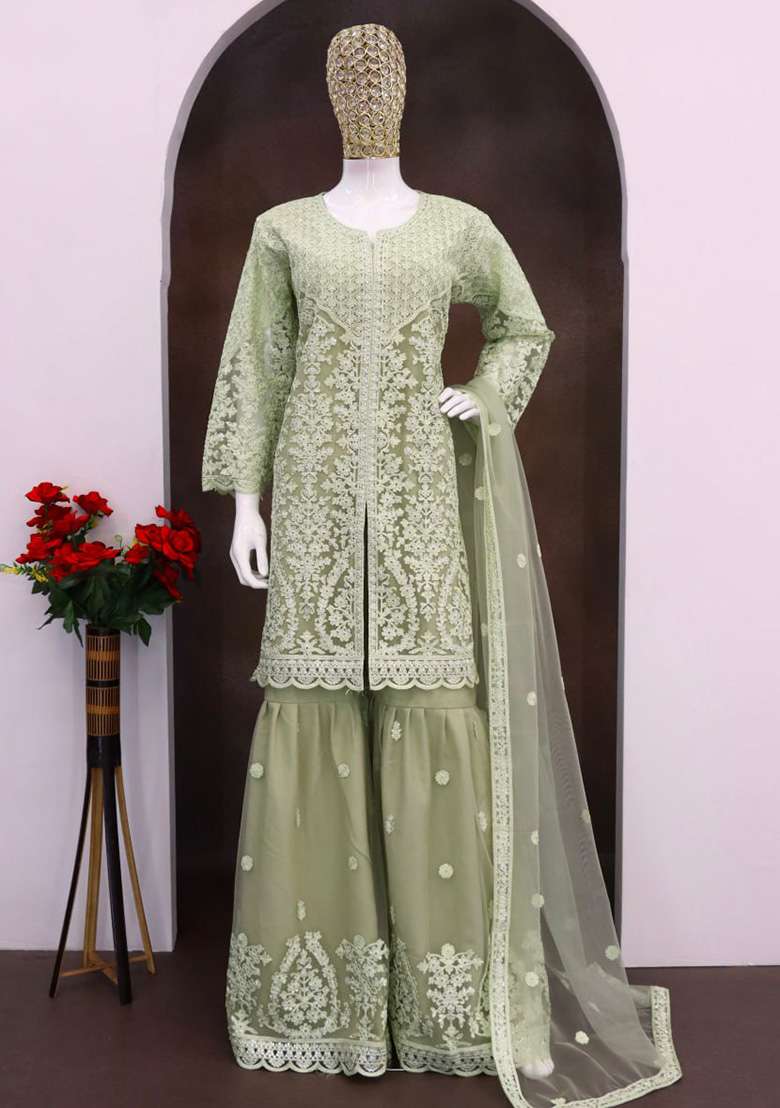 Mehendi Embroidered Net Sharara Set - Indya