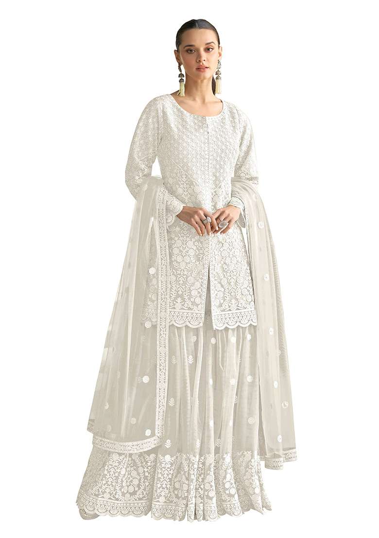 White Chikankari Net Sharara Set - Indya